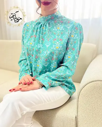 شومیز یقه پیله دار فیروزه ای طرح گلدار سنتی پونه