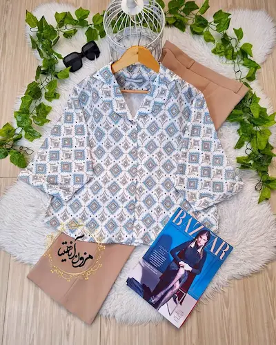 شومیز یقه کتی سفید طرح سنتی فیلی نسکافه ای تیدا