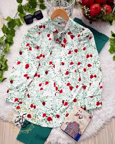 شومیز یقه کراواتی سبز قرمز طرح انار ریز ایلنار سایز-4-تخفیفی