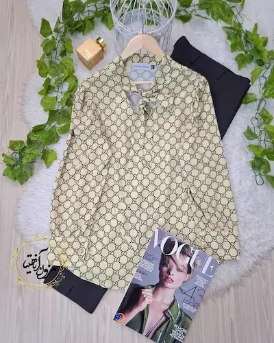 شومیز یقه کراواتی سبز پسته ای طرح گوچی سودا سایز-1-تخفیفی