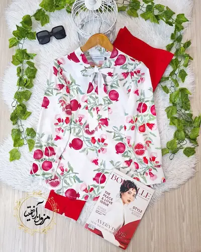 شومیز یقه کراواتی سفید طرح انار برگ سبز هانار