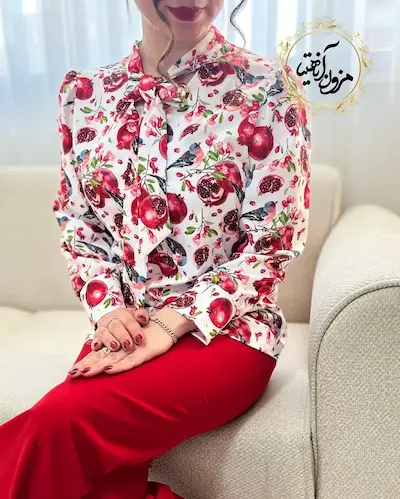 شومیز یقه کراواتی سفید طرح انار و بلبل چیکو