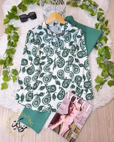 شومیز یقه کراواتی سفید طرح بته جقه سبز سایز-3-تخفیفی