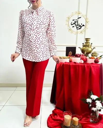 شومیز یقه کراواتی سفید طرح دونه انار دلنار