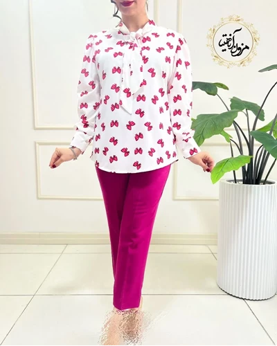 شومیز یقه کراواتی سفید طرح پاپیون سرخابی همتا