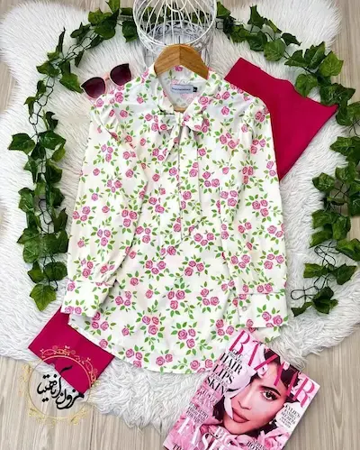 شومیز یقه کراواتی سفید طرح گلهای سرخابی شیدا سایز-5-تخفیفی