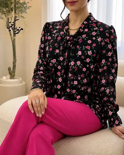شومیز یقه کراواتی مشکی طرح رزالین