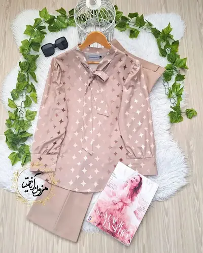 شومیز یقه کراواتی نسکافه ای طرح ستاره ای هایده سایز-4-تخفیفی