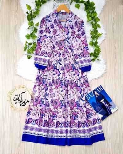 پیراهن ساحلی بنفش کاربنی طرح برگ و گلبرگ مهرگان