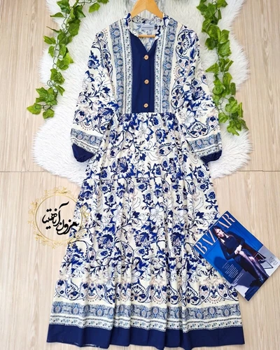 پیراهن ساحلی جلو حاشیه کرم سرمه ای طرح برگ و گلبرگ نوژان