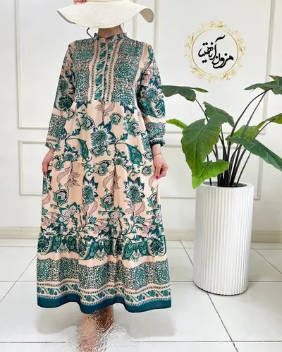 پیراهن ساحلی نسکافه ای سبز طرح برگ و گلبرگ آرگون