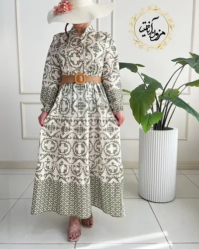 پیراهن ساحلی کرم سبز طرح سنتی بلکا