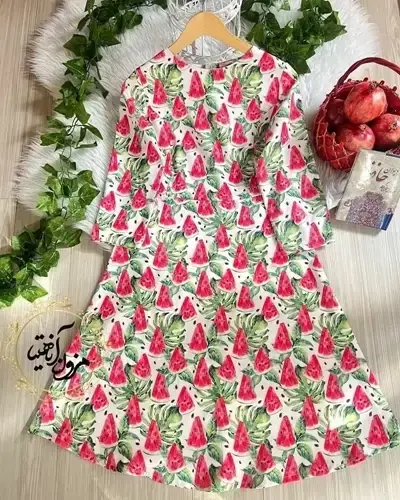 پیراهن مجلسی سفید طرح هندونه برگ سبز آذرین سایز-3-تخفیفی