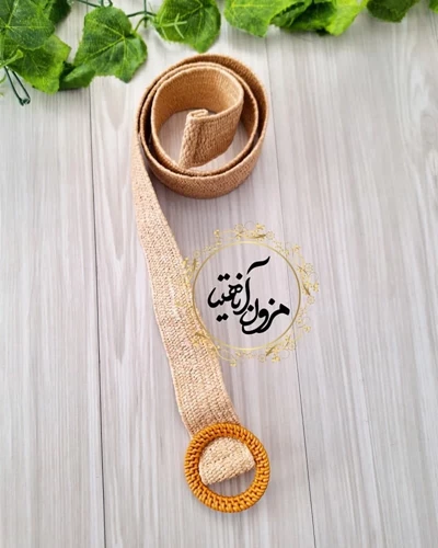 کمربند حصیری کشی نسکافه ای طرح سگک گرد سبدی مهرا